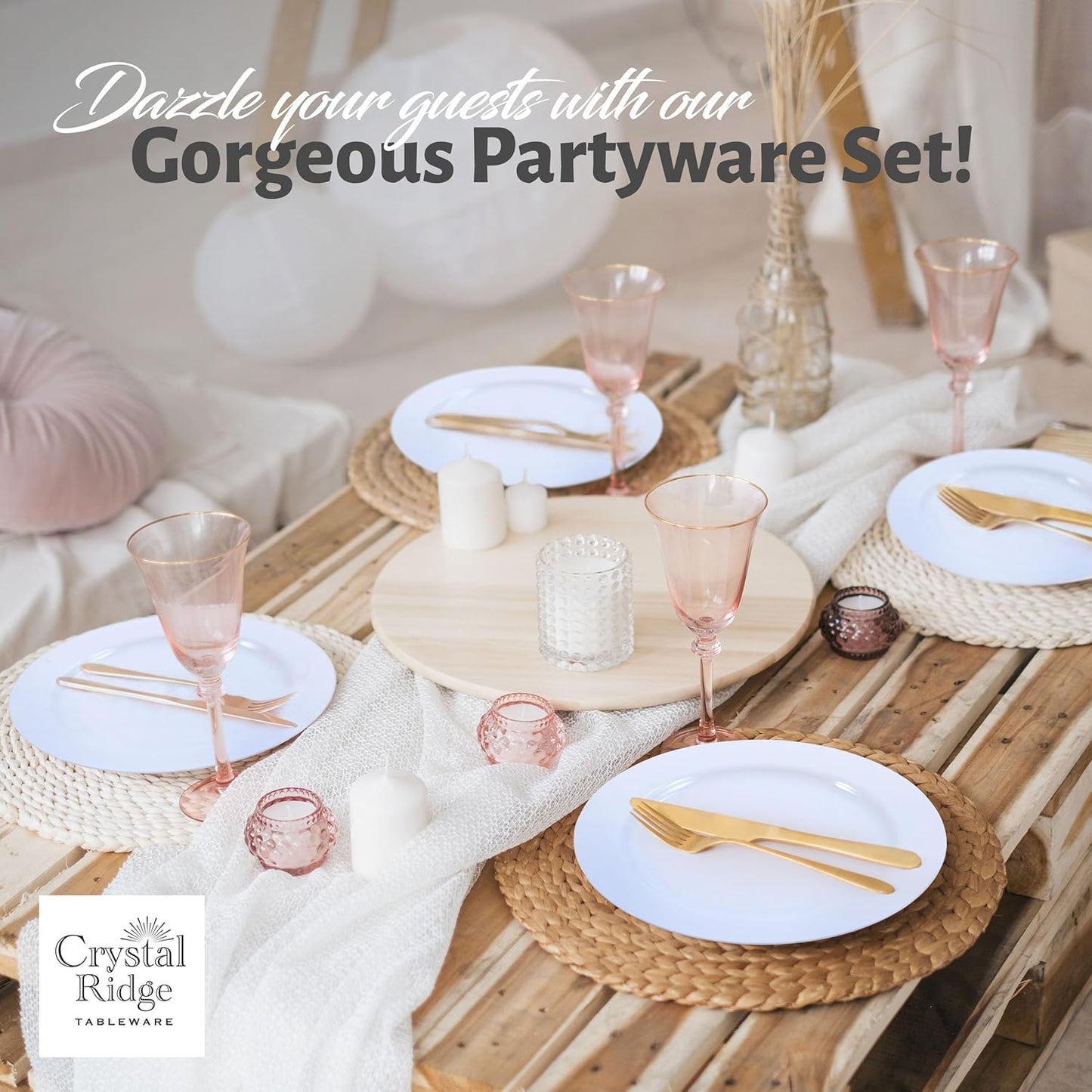 120-Piece Plastic Plates Set Premium 60 Dinner Plates & 60 Salad Plates, Disposable Plates for Party - White Plastic Wedding Plates with Rose Gold Rim
