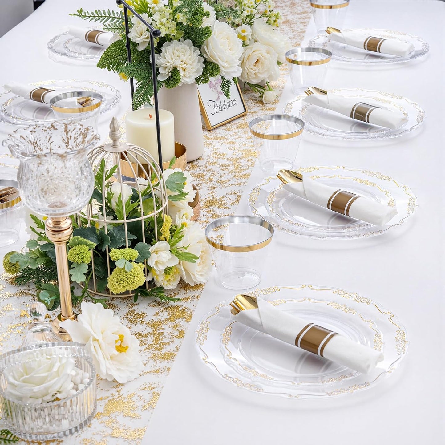 U-QE 175 Pieces Gold Plastic Plates and Napkins Party Supplies - Clear and Gold Dinnerware Set 25 Guest - 25 Dinner Plates, 25 Dessert Plates, 25 Per Rolled Napkins with Cutlery, 25 Cups 9 OZ