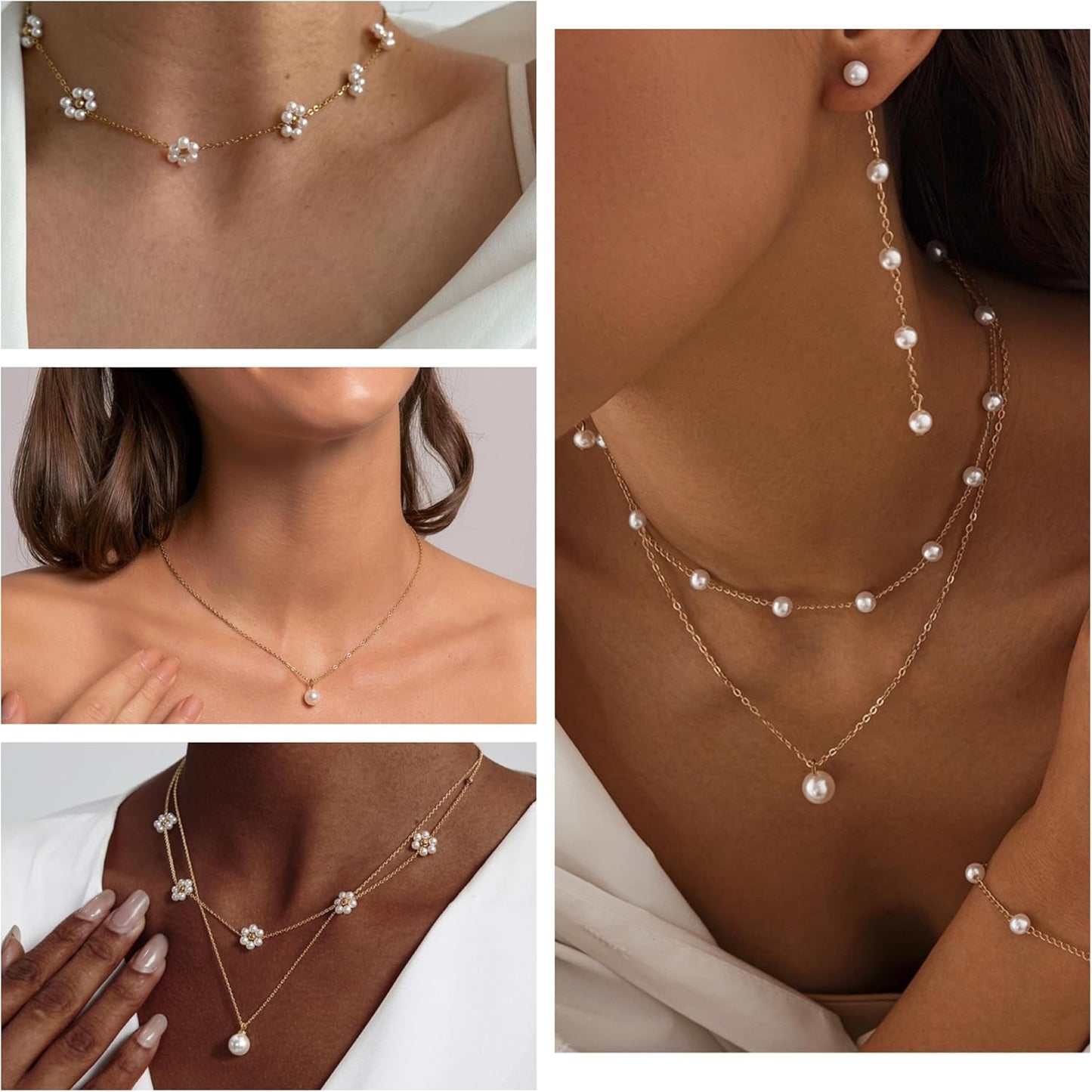 Gold Jewelry Set for Women - Dainty 14K Gold Plated Pearl Necklace and Earring Set with Drop Earrings, Bracelets, Choker Necklace - Wedding Jewelry Gift