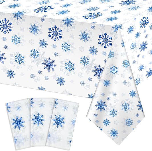 3 Pack Christmas Snowflake Plastic Tablecloth, 54 x 108Inch White and Blue Snowflake Table Cloth Disposable Waterproof Winter Snowflakes Table Cover for Winter Holiday New Year Party Supplies Decor