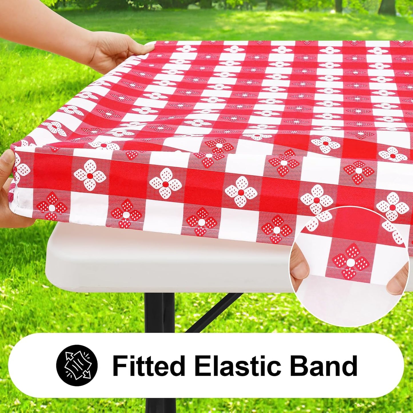 Rectangle Vinyl Table Cloth, Waterproof Elastic Fitted Tablecloth with Flannel Backing, Plastic Table Cover for Picnic, Camping, Outdoor (Red & White, 30"x96")