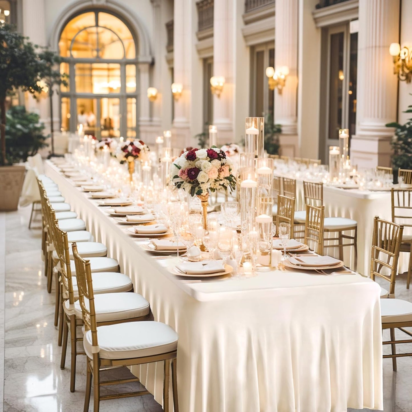 1 Pack Ivory Table Clothes for 8 Foot Rectangle Tables, One-Piece Wrinkle Resistant Stretch Spandex Table Covers with Skirt for Event Banquet Wedding Birthday Party