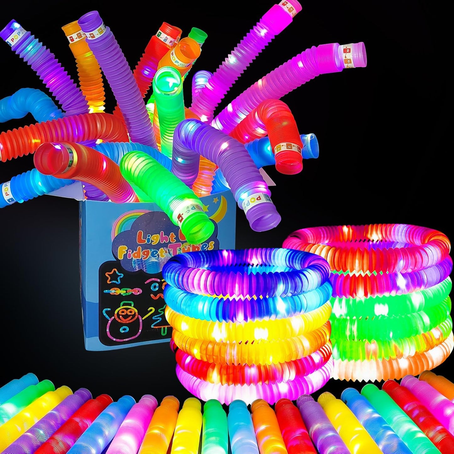 OceanWings 12PC Lights up Pop Tube Set for Kids Adults,Christmas Glow Sticks Stretchy Tube Fidget Toys for Classroom Prizes Birthday Concert Glow in The Dark Party Supplies Favor for Boys Girls