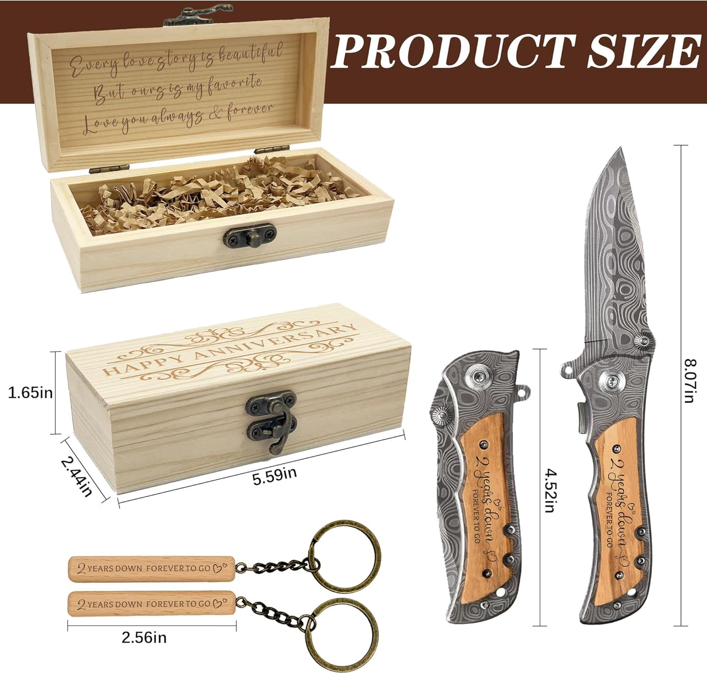 2 Year Anniversary Boyfriend Gifts for Him, 2 Year Wedding Anniversary Keepsake for Men, 2nd cotton wedding Anniversary Engraved Knife with Wood Box, 2nd Anniversary Marriage Presents for Husband