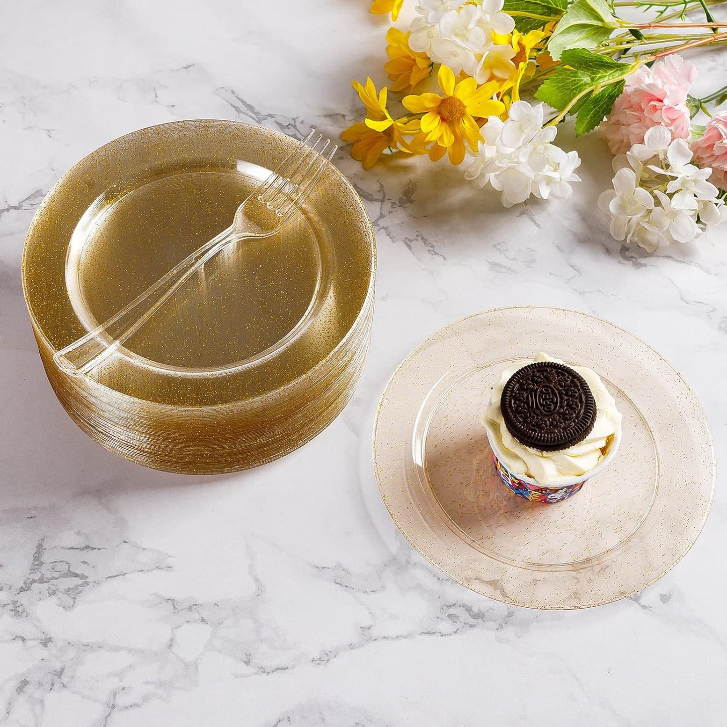 Goodluck 120PCS 7" Gold Glitter Dessert Plastic Plates with 7.4" Forks, Gold Appetizer Plates for 60 Guests, Including 60 Disposable Cake Plastic Plates and 60 Forks for Wedding/Birthday Party