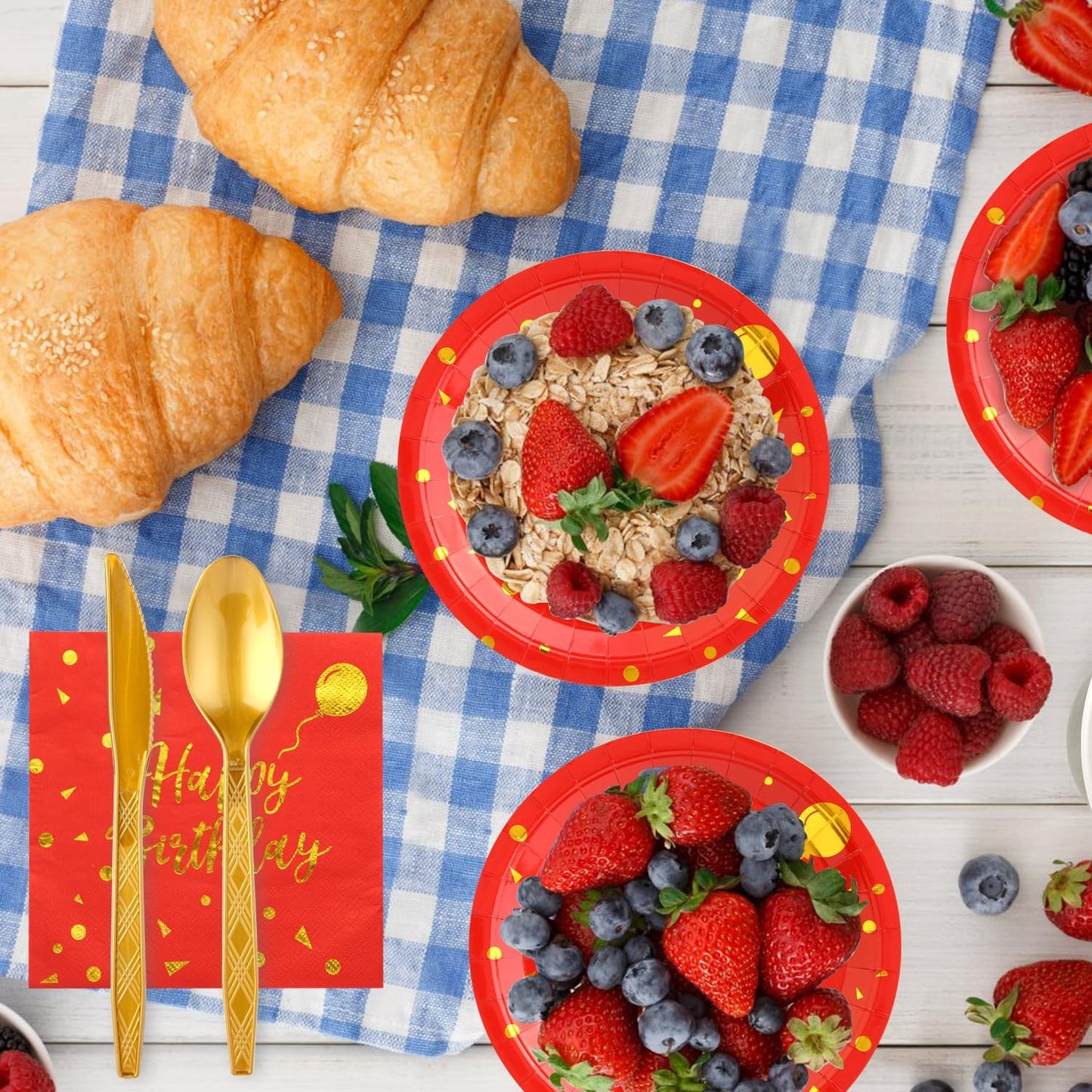 175 Pieces Gold Disposable Party Dinnerware Set &Disposable Birthday Party Dinnerware -Red Paper Plates Napkins Cups, Gold Plastic Forks Knives Spoons