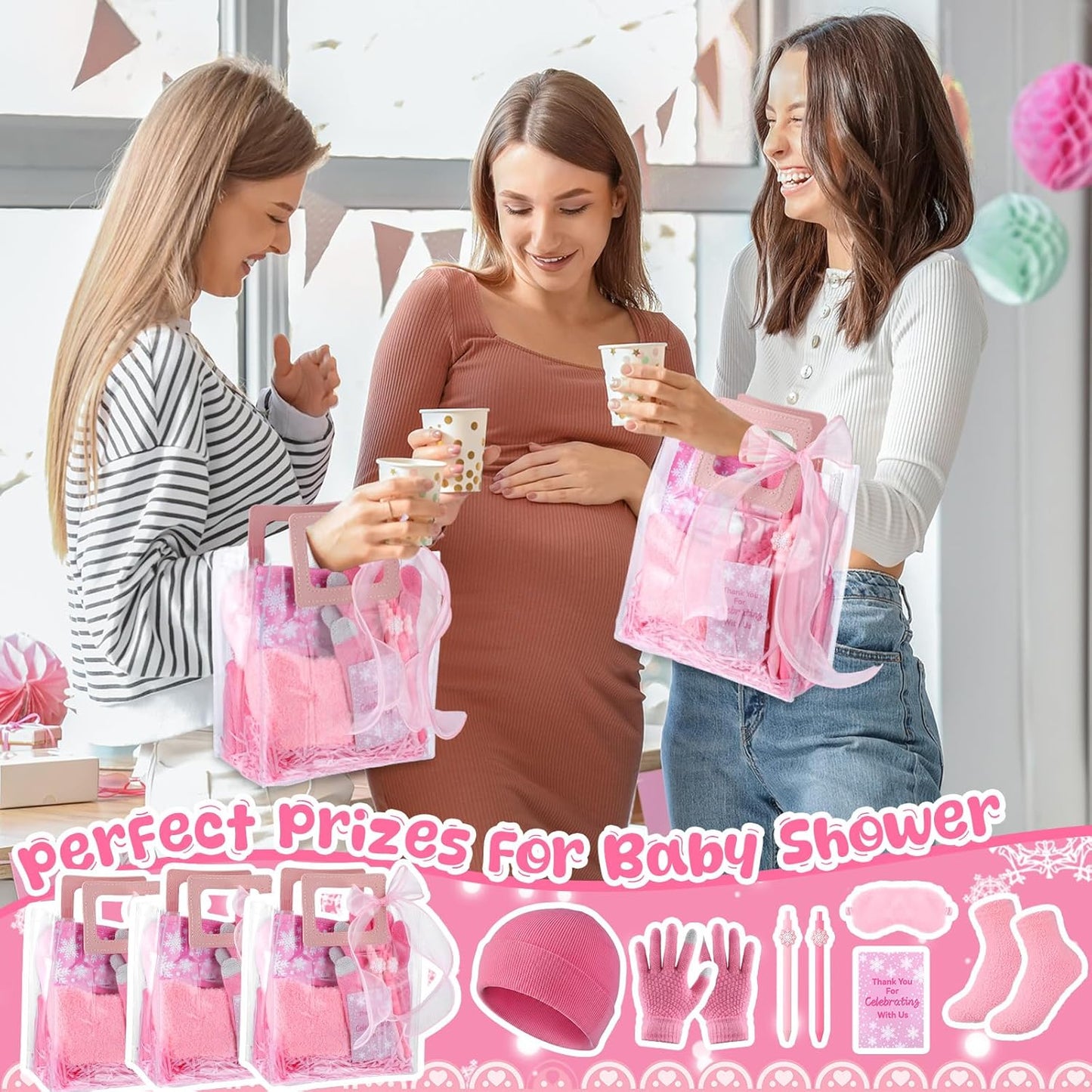 Shihanee 6 Sets Baby Shower Prizes for Game Wedding Bridal Shower Winners Favors Include Beanie Hat Touch Screen Gloves Fuzzy Socks Plush Sleep Eye Mask Cup Sleeves Ballpoint Pen Card Gift Bags(Pink)