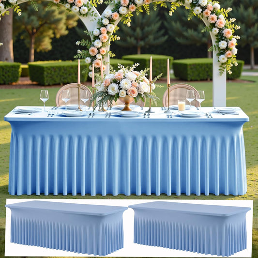 2 pk Baby Blue Spandex Tablecloth 8ft With Ruffle Table Skirt, Wrinkle Free Stretchy Fitted Tablecloths for 8 Foot Rectangle Tables, Elastic Spandex Table Covers for Weddings Parties Banquet Craft
