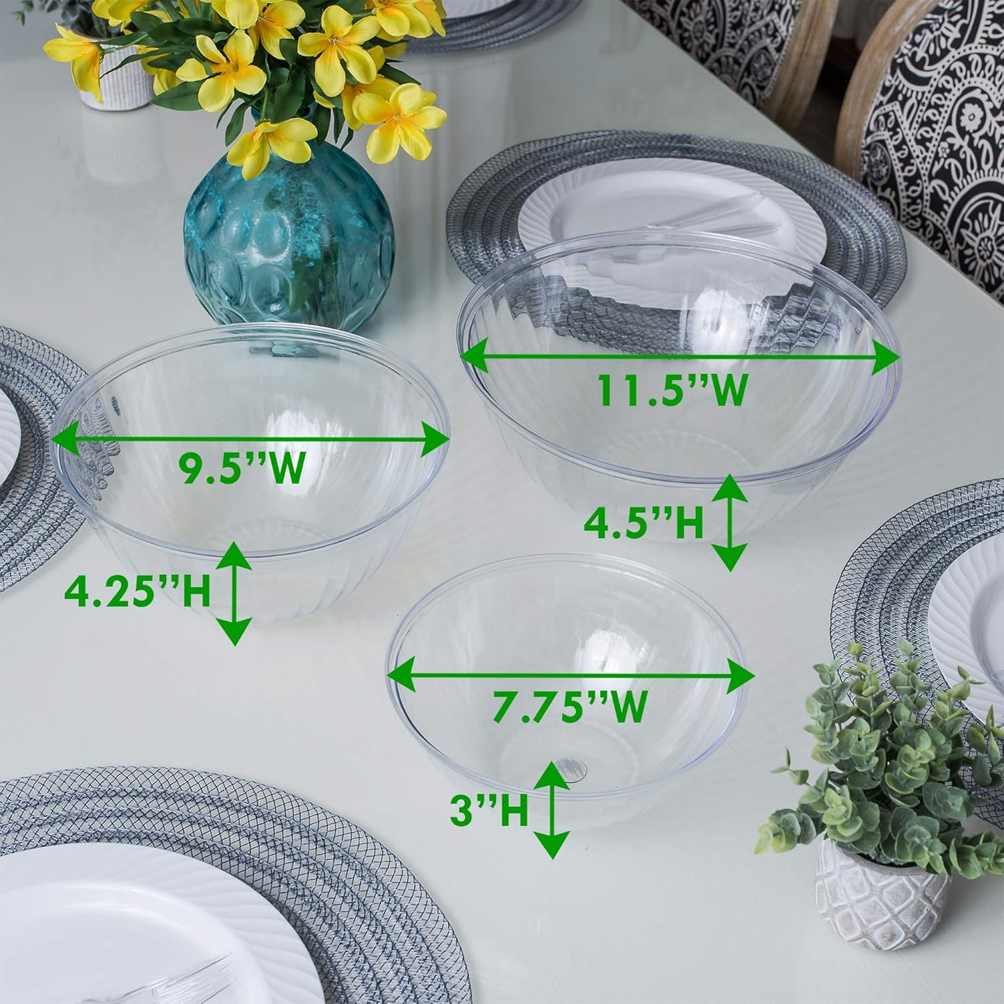 PLASTICPRO Disposable Combo Set of Salad Bowl Includes 2, 48 Ounce 2, 96 oz 2, 150 Ounce Round Crystal Clear Plastic Serving Bowl