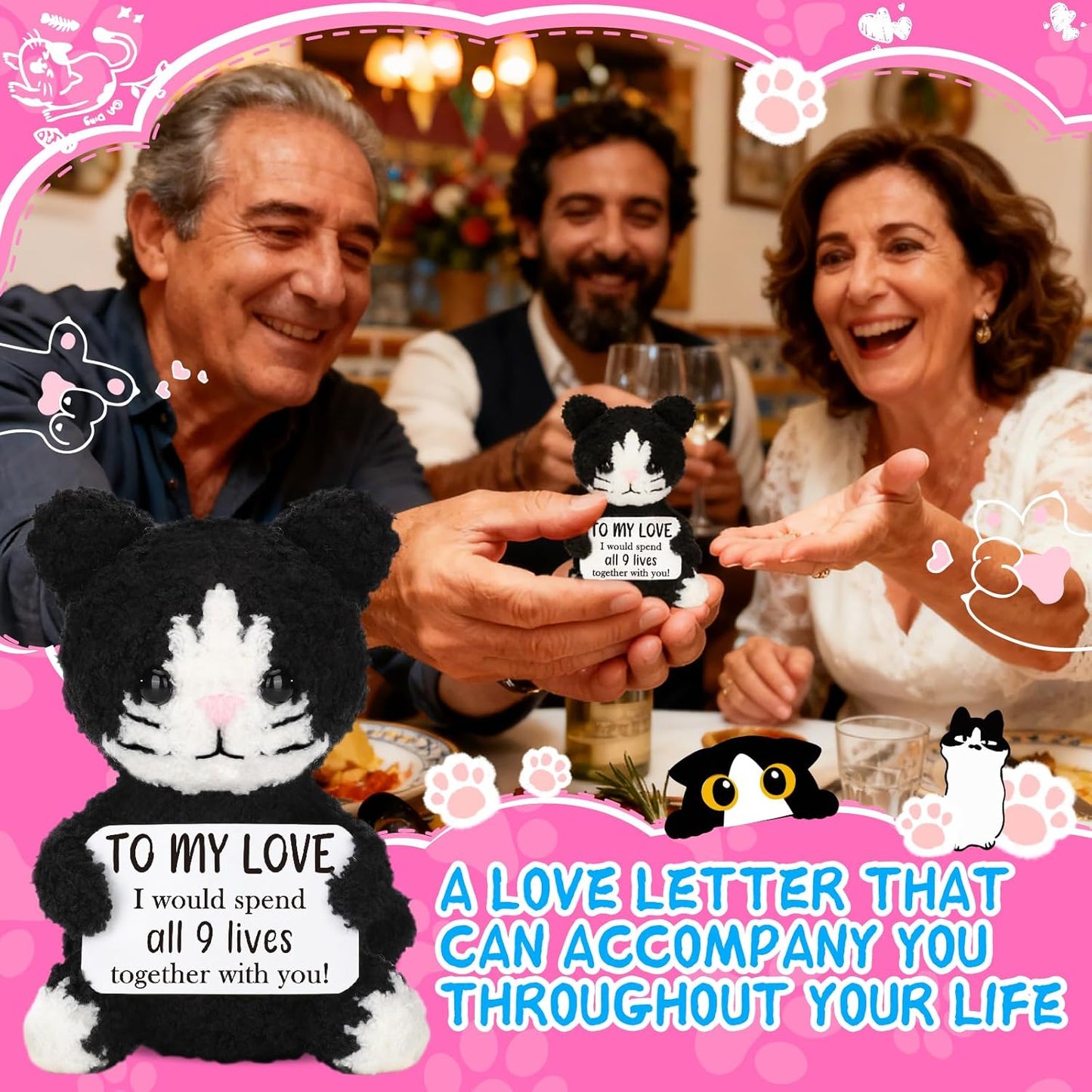 Love You Gifts for Him Her Boyfriend Girlfriend, Handmade Crochet Black Cat, Anniversary Wedding Christmas Birthday Gift for Women Men, Romantic to My Love Gifts for Wife Husband Couple