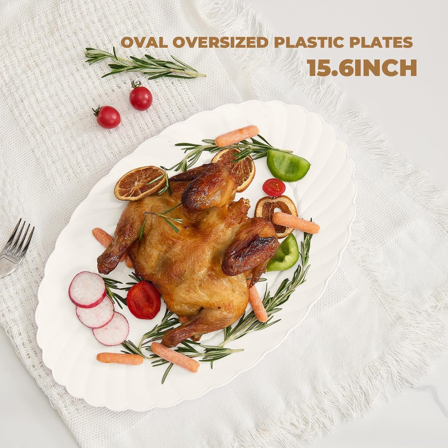 U-QE 25 Count Ivory Thanksgiving Plastic Plates - 15.6 inch Oval Plates Disposable Plates Heavy Duty For Big Eaters, Ivory Disposable Platters Ideal for Thanksgiving, Party, Picnic and Weddings