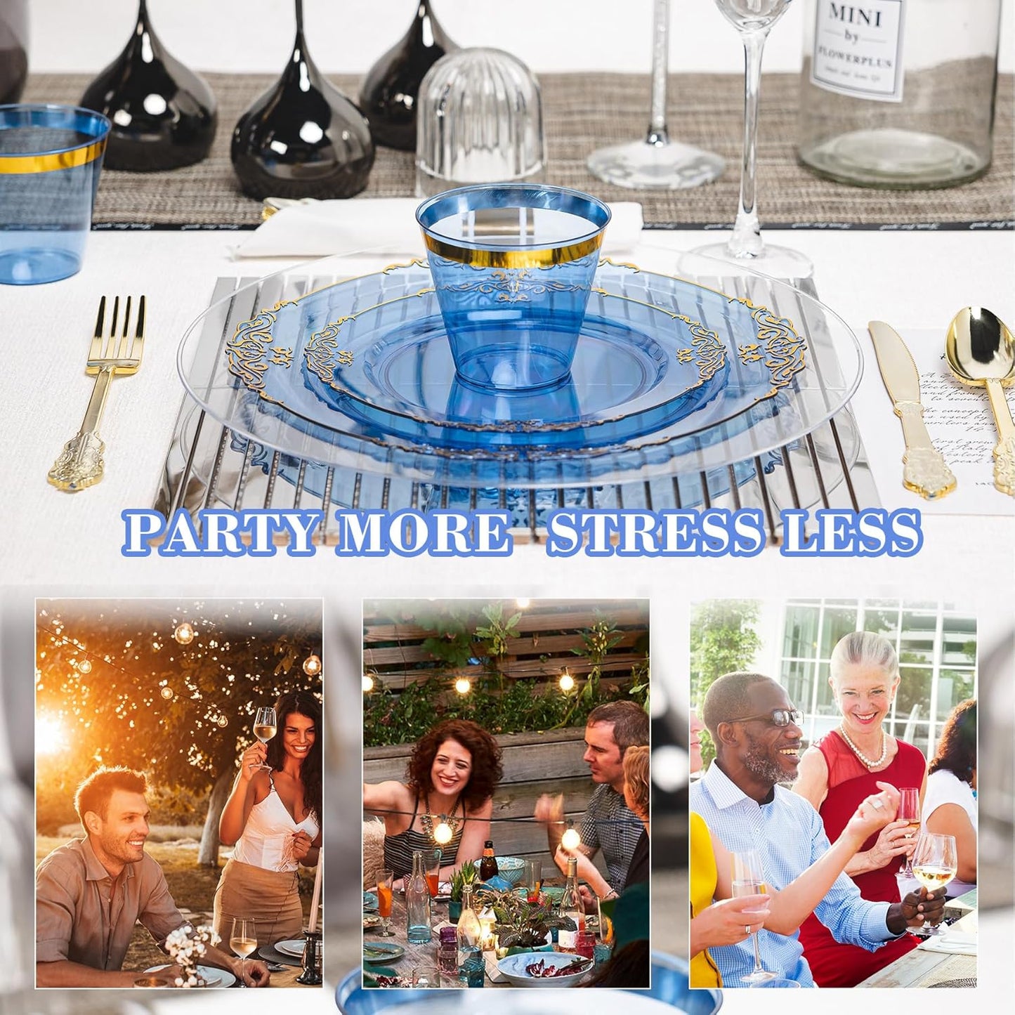 350PCS Gold and Blue Plastic Plates, Gold Plastic Dinnerware Sets for 50 Guests, 100 Disposable Plates, 150 Silverware, 50 Cups, 50 Napkins for Party and Wedding