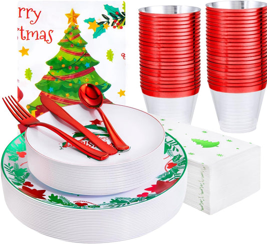 GATHER 176 Pieces Christmas Plastic Plates - Heavy Duty Christmas Disposable Dinnerware Set include 50 Plates, 75 Red Plastic Silverware, 25 Napkins, 25 Cups and 1 Tablecloth for Xmas Party