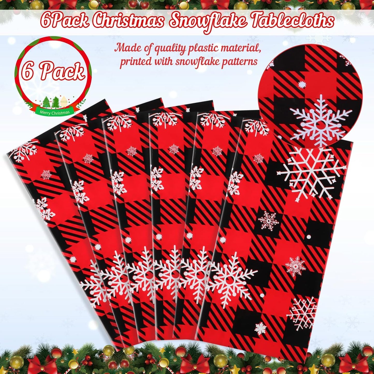 6 Pack Christmas Buffalo Plaid Snowflake Tablecloths, 54 x 108 inch Winter Snowflake Plastic Table Cloth Disposable Rectangle Table Cover for Christmas New Year Holiday Party