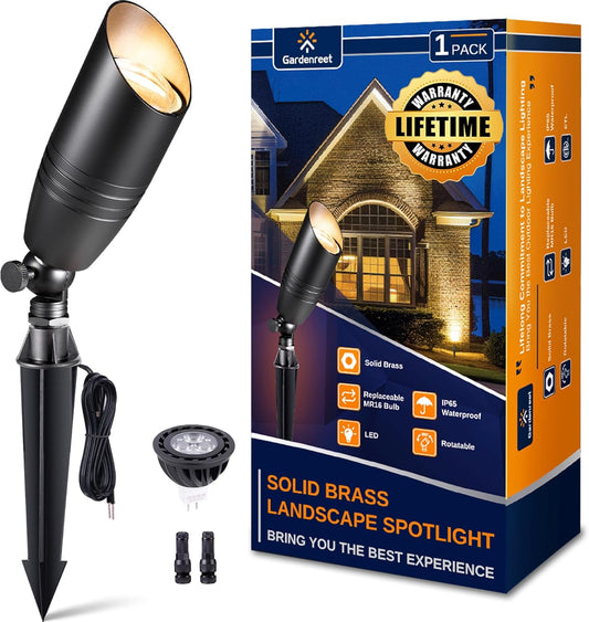Gardenreet Landscape Spotlights Low Voltage - Brass 12V Outdoor Uplight LED, Wired Spot Lights IP65 Waterproof, Black for Exterior Garden Yard Tree House with 5W 2700K Warm White MR16 Bulb