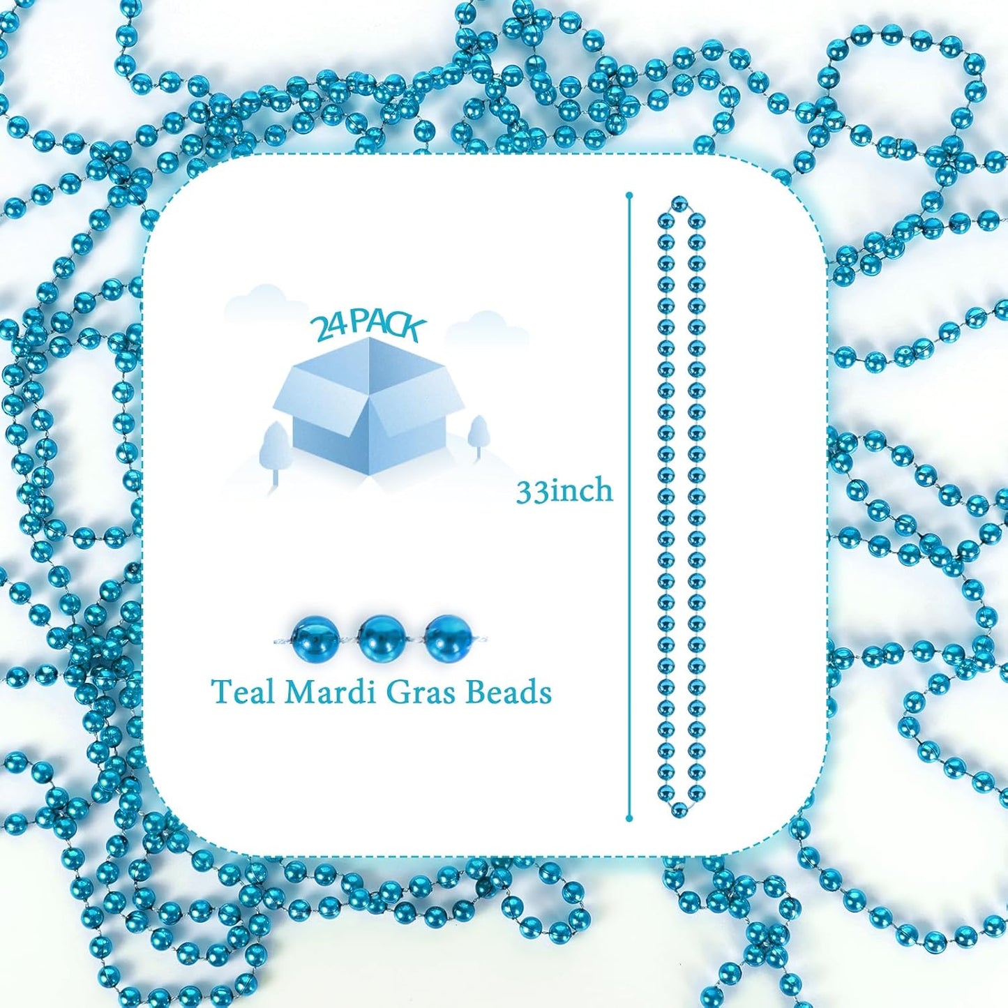 YAXINRUI 24 PCS Teal Bead Necklaces, Teal Mardi Gras Beads, 33 Inch Round Beaded Necklaces School Spirit Day Necklace for Mardi Gras Party Christmas Festive Events, Party Favors