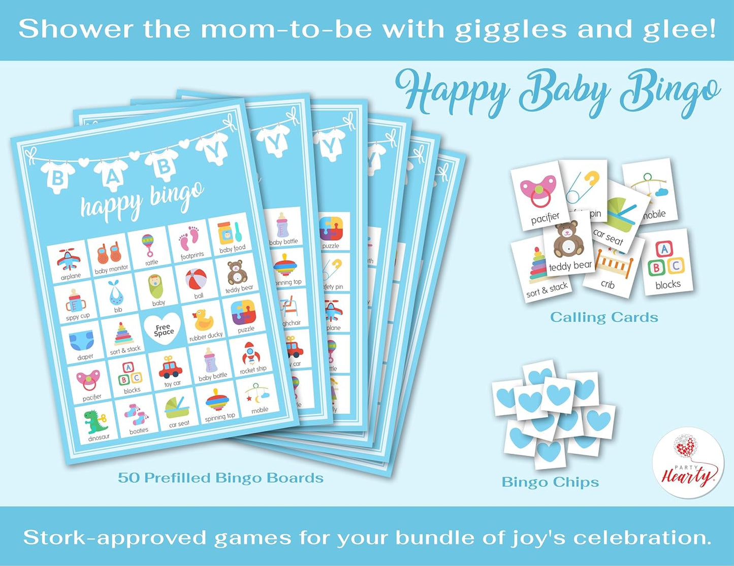 Party Hearty Baby Shower Games for Boy, 250 pcs Blue 5 Games Activities Cards, Funny Baby Shower Games, Baby Shower Ideas