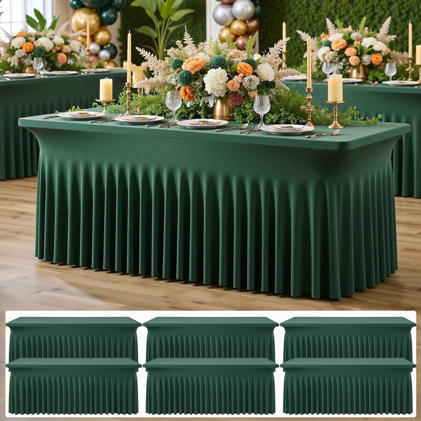 6 pk Hunter Green Spandex Tablecloth for 6 Foot Rectangle Tables, Wrinkle Free Fitted Spandex Table Covers 6ft Green Stretch Table Cloths with Ruffle Skirt for Parties Weddings Banquet Baby Shower