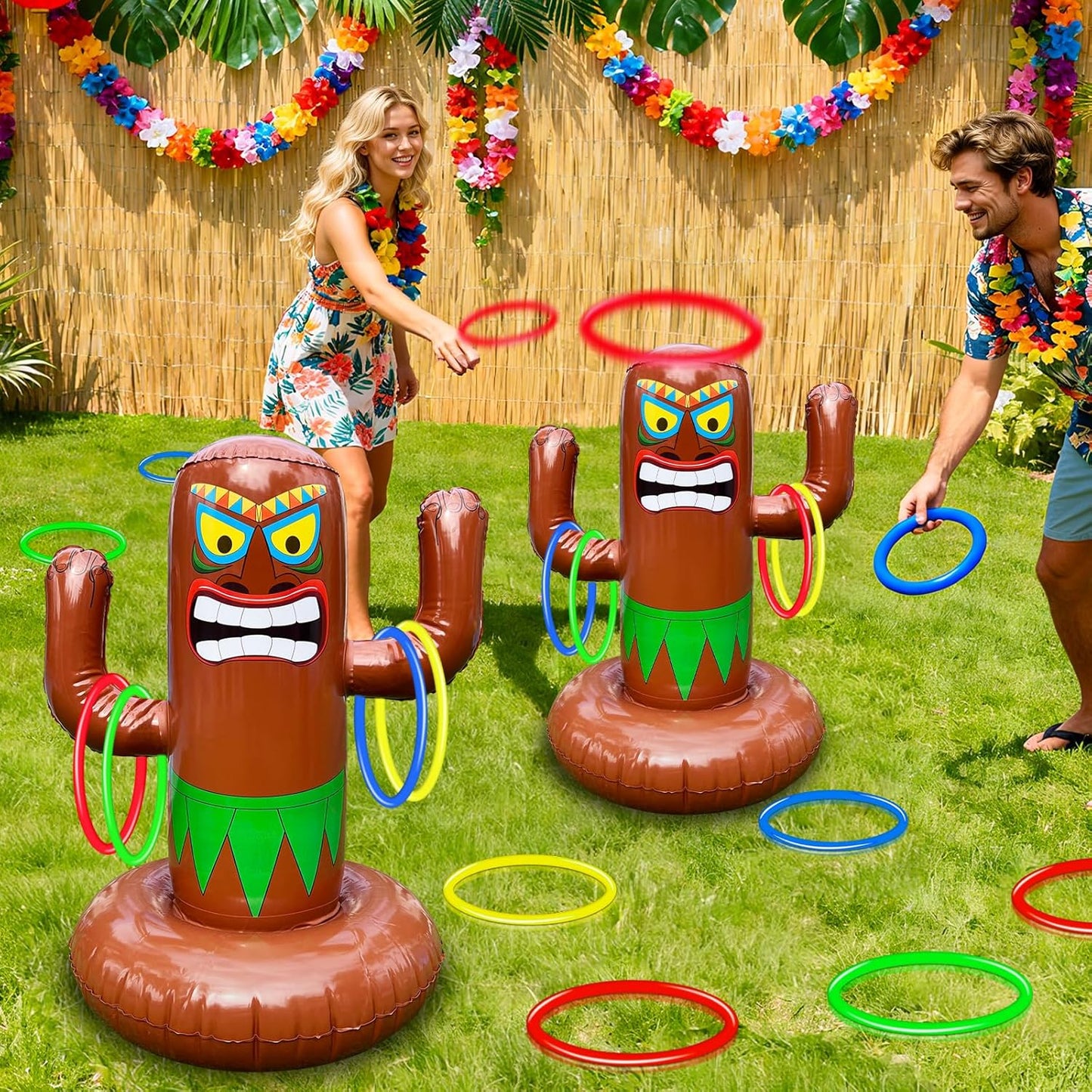 25" Inflatable Luau Tiki Pool Toss Games, Tiki Pool Ring Toss Toys with 4 Rings for Adults Indoor Outdoor Tropical Summer Swimming Inflatable Bean Bags Toss Hawaiian Luau Party Supplies
