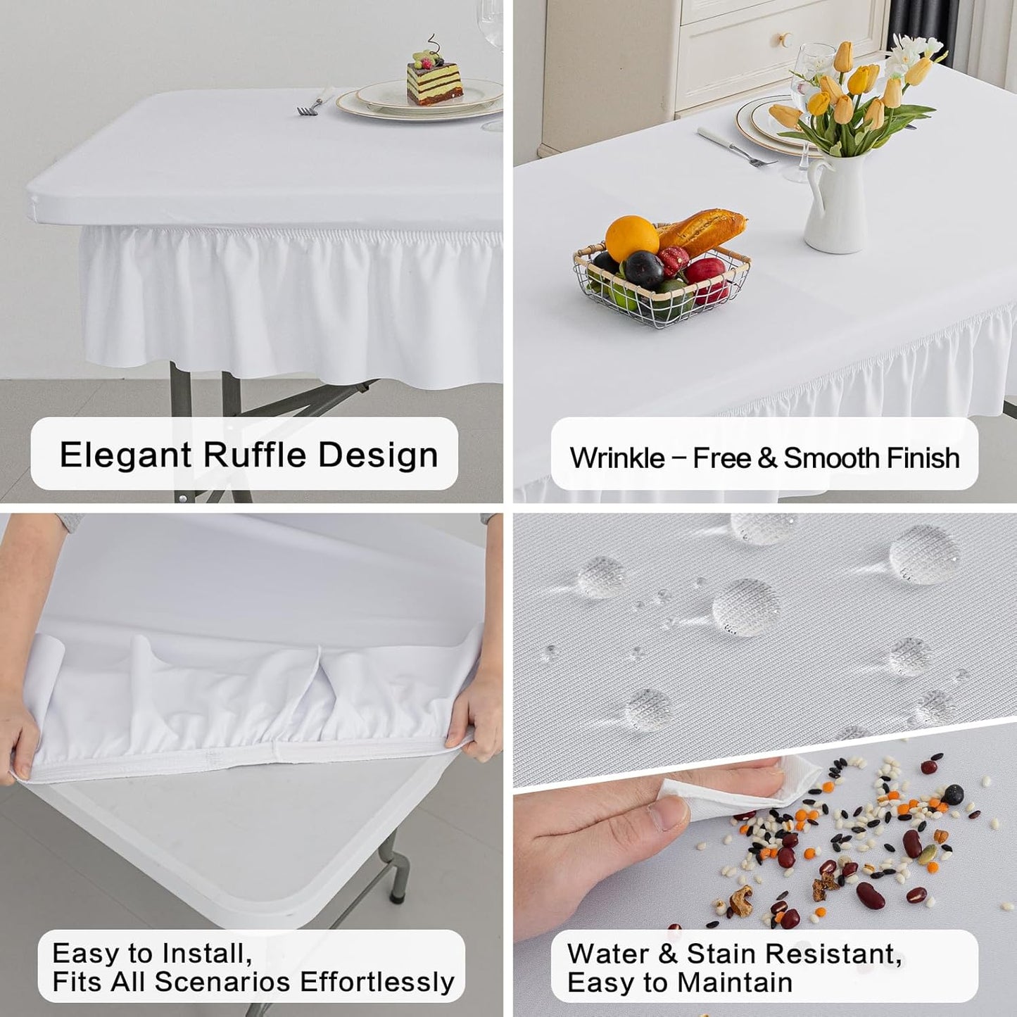 4ft White Stretch Tablecloth for Rectangular Tables - Flared Wrap Design, Waterproof, Wrinkle-Resistant, Washable - Ideal for Weddings, Parties, Banquets & Table Protection