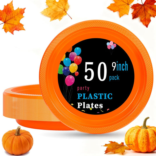 WELLIFE Orange Plastic Plates 9 Inch 50 Count Disposable Plate Thanksgiving Plates for Party, Dessert Plate for Dinner Cake Salad Thanksgiving Supplies Birthday