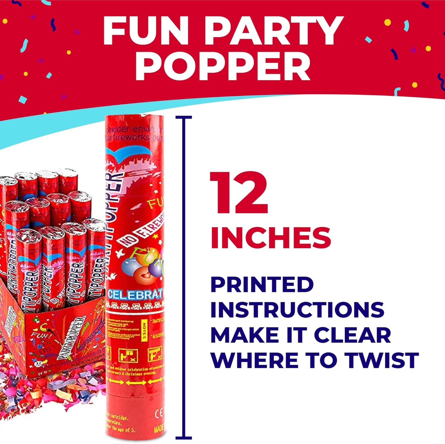 Toysery 12 Pack Confetti Cannons - Multicolor Compressed 12-inch Large Party Poppers for Birthdays, Weddings, Indoor or Outdoor Parties, Christmas Eve, and New Year Celebrations