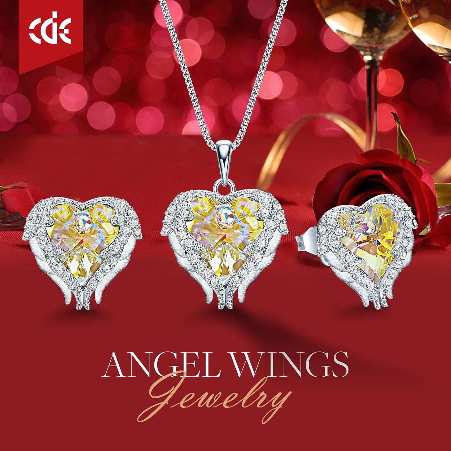 CDE Mothers Day Jewelry Set for Women, Angle Wing Heart Pendant Necklaces and Earrings with Birthstone， Birthday/Anniversary Christmas Jewelry Gift for Women Wife Her