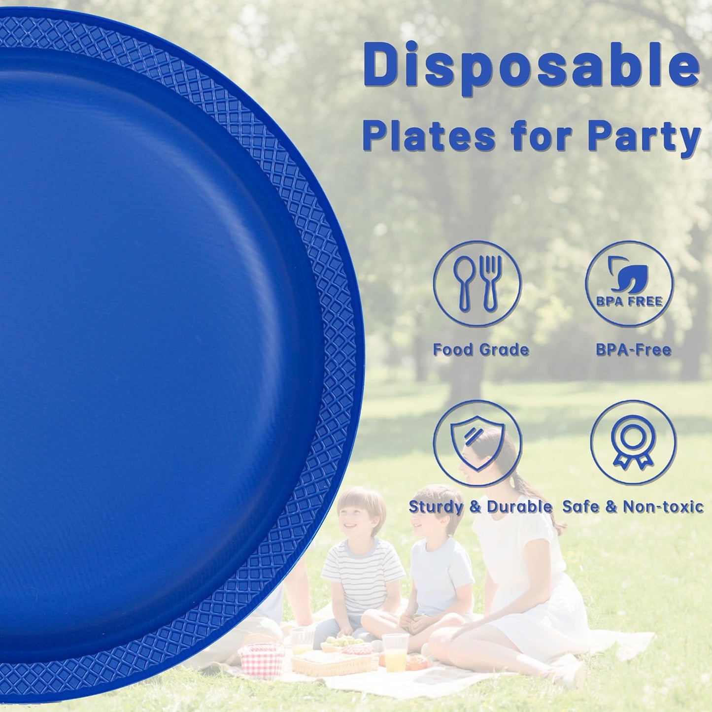 WELLIFE 10 Inch Royal Blue Plastic Plates 50 Count Disposable Plate for Party, Large Big Plates for Dinner Party Supplies Birthday Camping BBQ