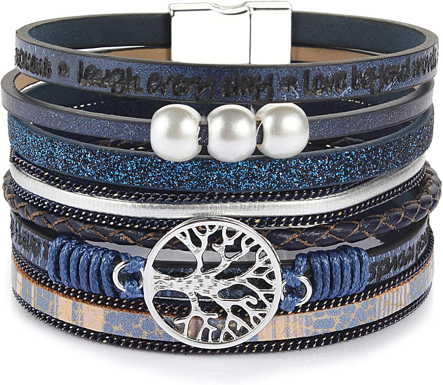 FANCY SHINY Tree of Life Leather Wrap Bracelet Inspirational Cuff Bangles Boho Pearl Bracelets with Magnetic Clasp Unique Jewelry Gifts for Women
