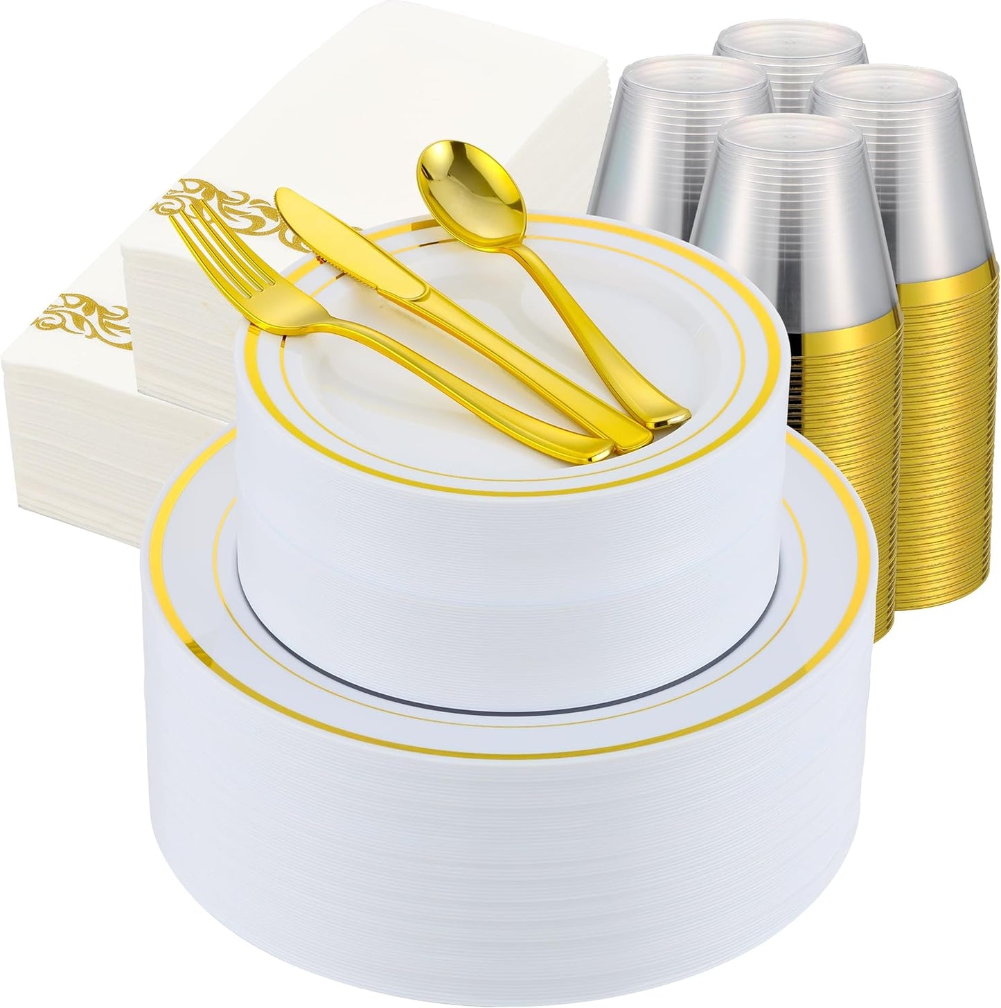 700 PCS Gold Plastic Dinnerware for 100 Guests, Gold and White Disposable Plates include 100 Dinner Plates,100 Dessert Plates,100 Silverware Set,100 Cups,100 Napkins