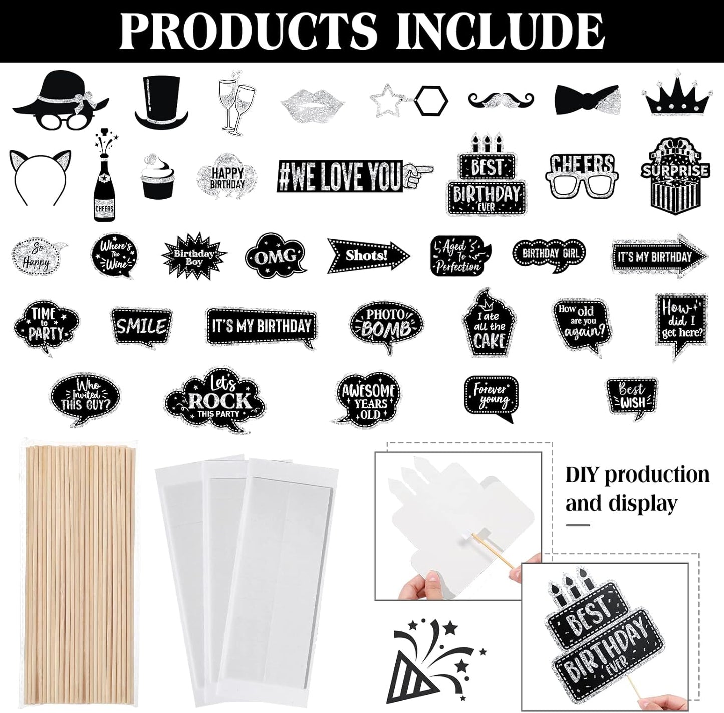 Outus 36 Pcs Birthday Photo Booth Props Kit Happy Birthday Graduation Wedding Party Favors Supplies Bday Party Decor 40th- 50th-60th Photobooth Funny Cute Holiday Selfie Supplies(Silver and Black)
