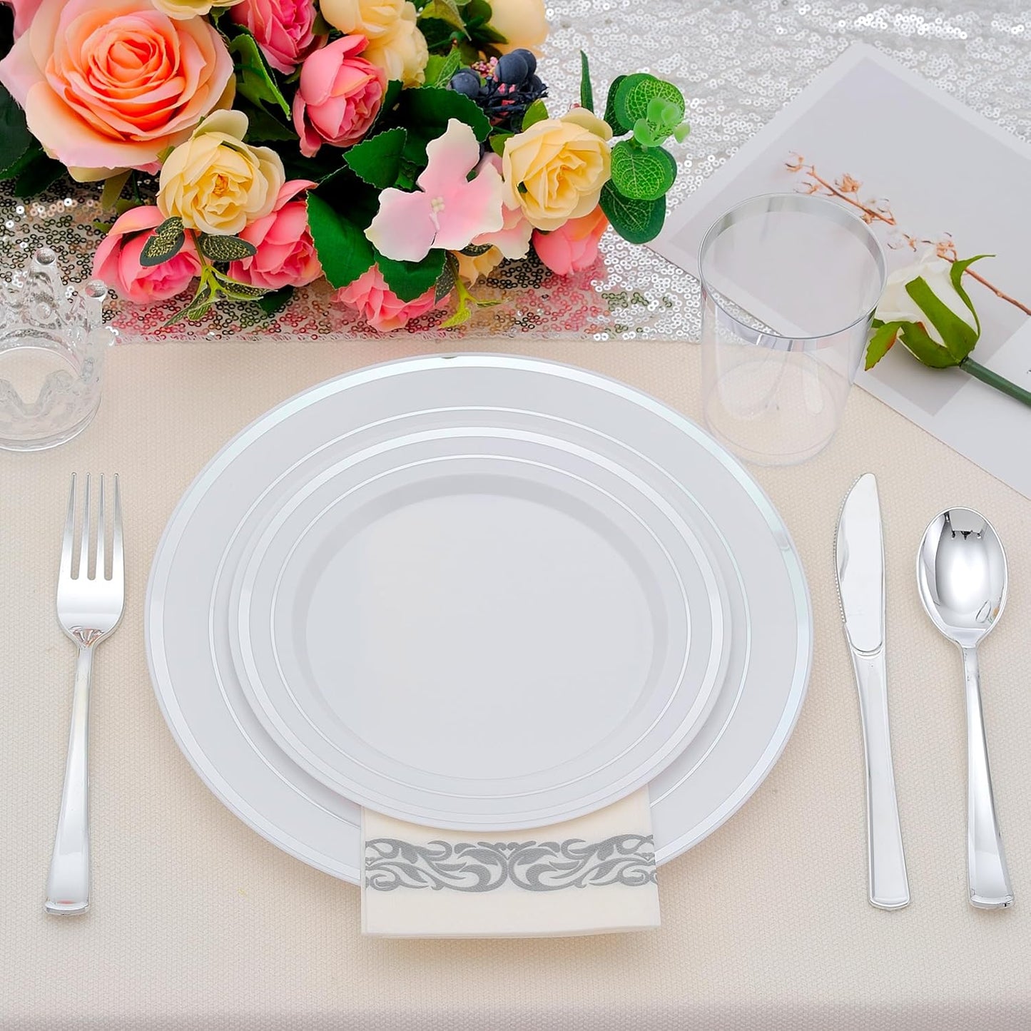 350 PCS Silver Plastic Dinnerware for 50 Guests,Silver and White Disposable Plates for Party Wedding with Napkins, 50 Dinner Plates, 50 Dessert Plates, 50 Silverware Set, 50 Cups