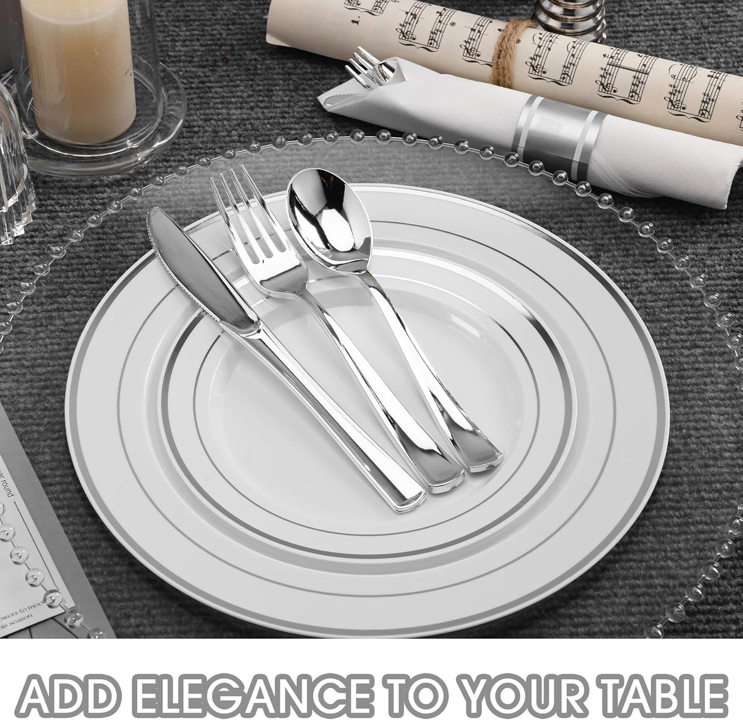 350 PCS White and Silver Plastic Dinnerware Set for 50 Guests, 100 Thanksgiving Disposable Plates for Party, 50 Pre Rolled Napkins with Silver Silverware, 50 Cups