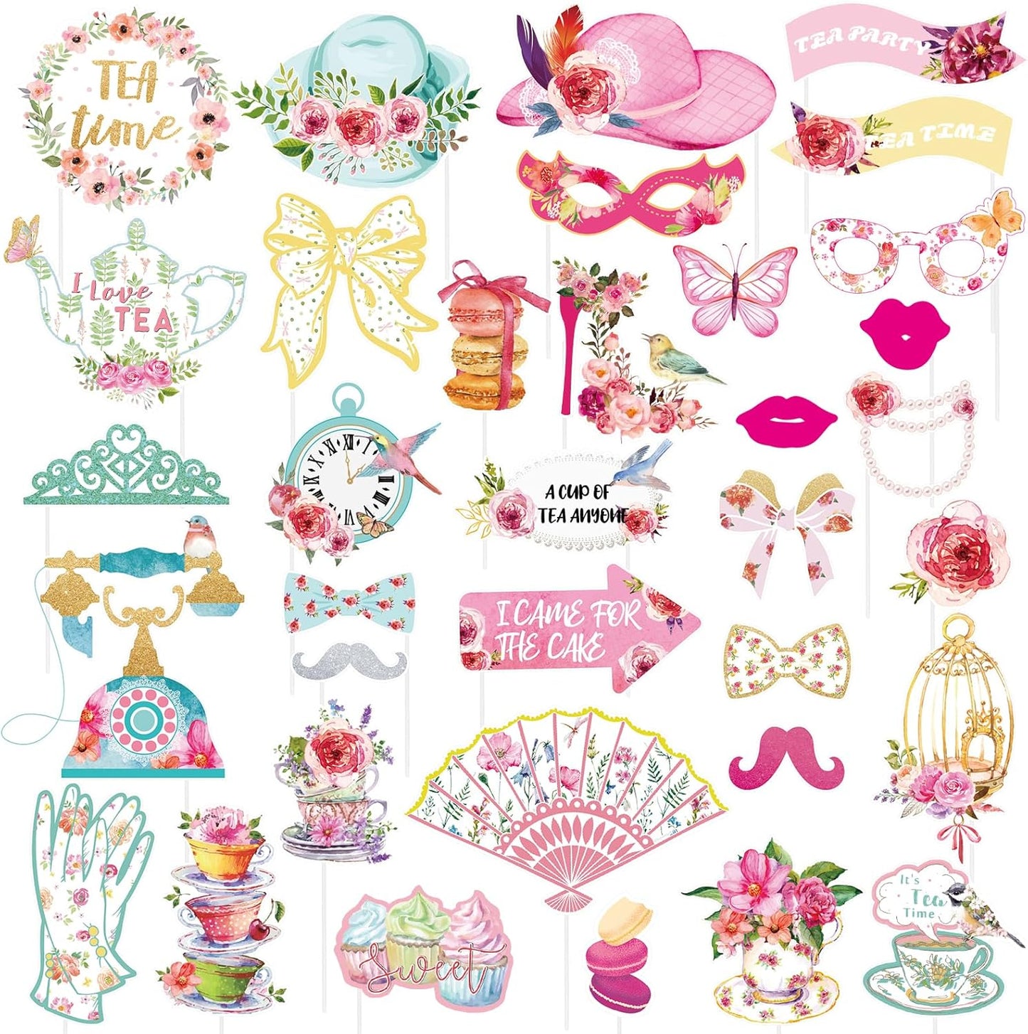 SUNBEAUTY 36 Pcs Tea Party Photo Booth Props - Pink, White, Green - Floral Pattern - Paper Material - Perfect for Parties