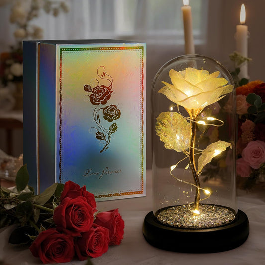 Childom Birthday Gifts for Women,Christmas Flowers Gifts for Her,Crystal Light Up Rose in A Glass Dome with Sparkling Base,Sweet White Rose Flower Gift for Wife Mom Grandma Anniversary Valentines