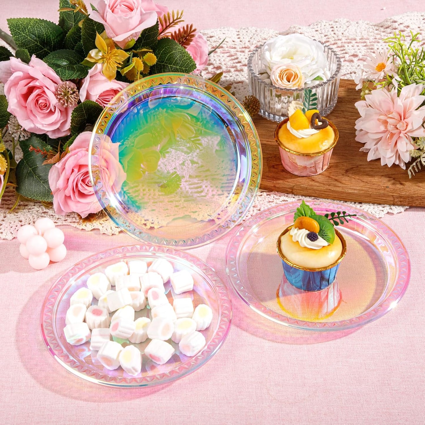 WELLIFE Iridescent Plastic Plates 7 Inch, 150 Count Disposable Plastic Dessert Party Plates for Easter Valentine's Day Disco Party Decor Wedding Birthday Baby Bridal Shower