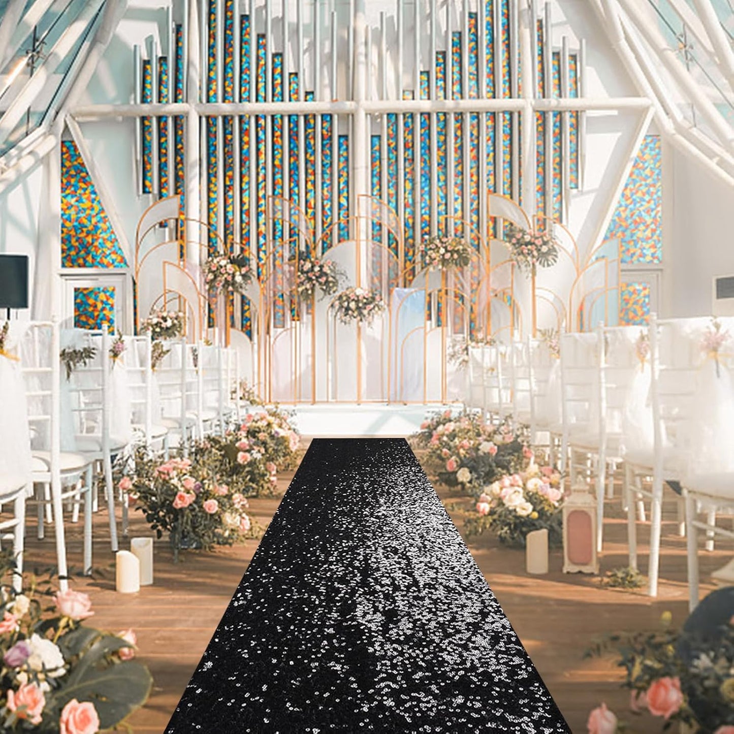 PartyDelight Black Carpet Runner for Party 2.6FTx15FT Sequin Wedding Aisle Runner Sparkly Rug for Prom Ceremony Indoor Outdoor Engagement Decoration