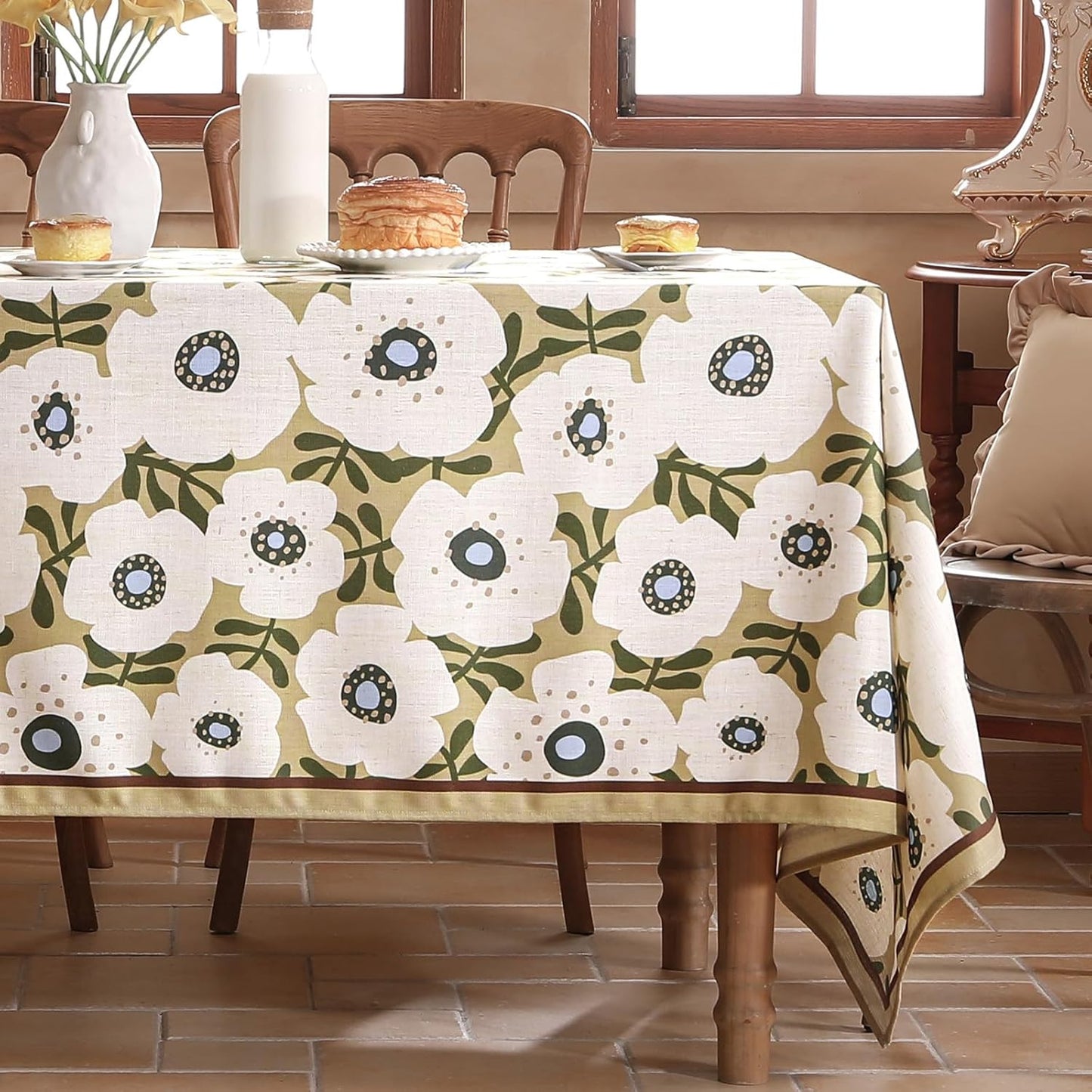 Designer Vintage Rectangular Tablecloth,Linen French Tablecloth with White Floral Pattern,Decorative Table Cover for Kitchen,Dining,Thanksgiving,Christmas,Tea Party,55"*87"-Hidaka