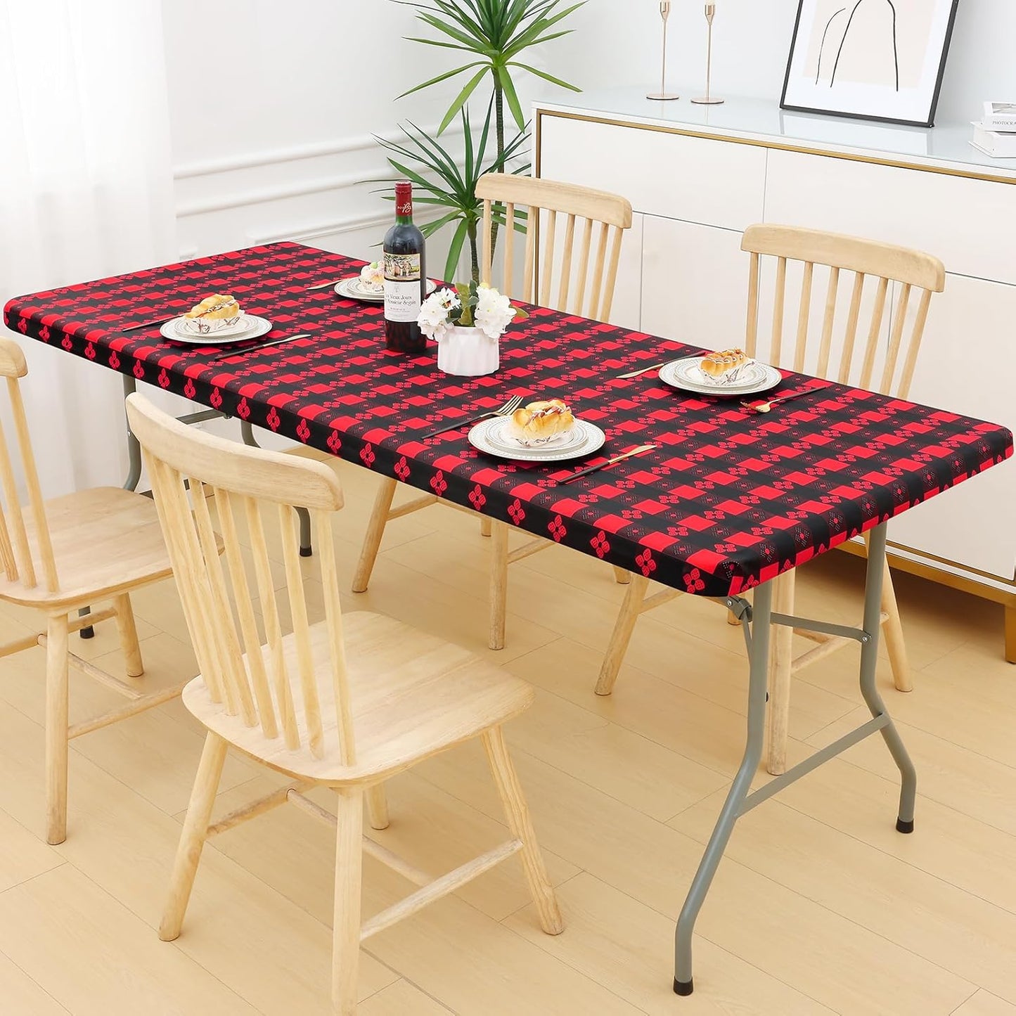 Rectangle Vinyl Table Cloth, Waterproof Elastic Fitted Tablecloth with Flannel Backing, Plastic Table Cover for Picnic, Camping, Outdoor (Black & Red, 30"x48")