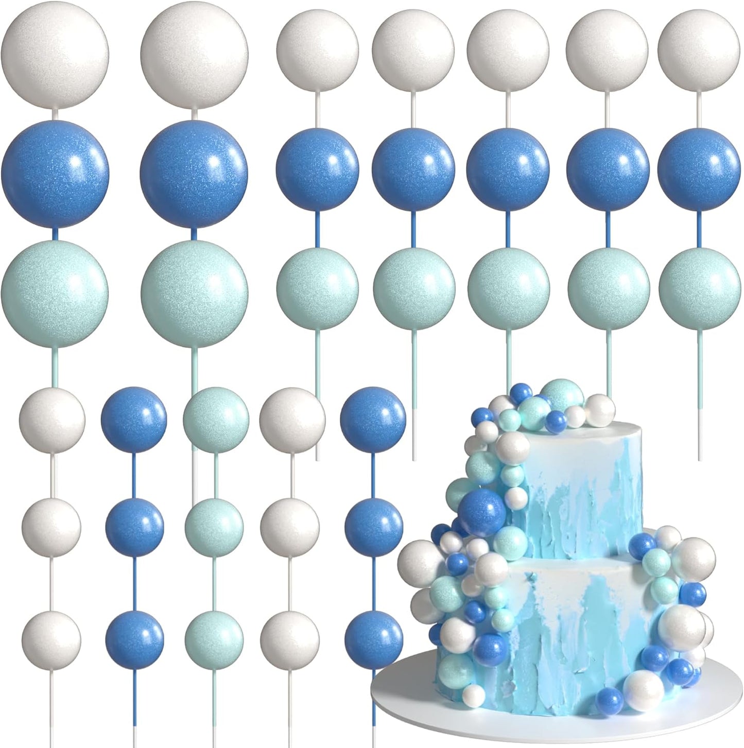 36 Pack Balls Cake Topper Decorations Foam Balloons Cake Decorations Sticks Mini Balloons Cake Toppers Balls Cake Picks for Baby Shower Wedding Anniversary Birthday Party Decorations Blue White