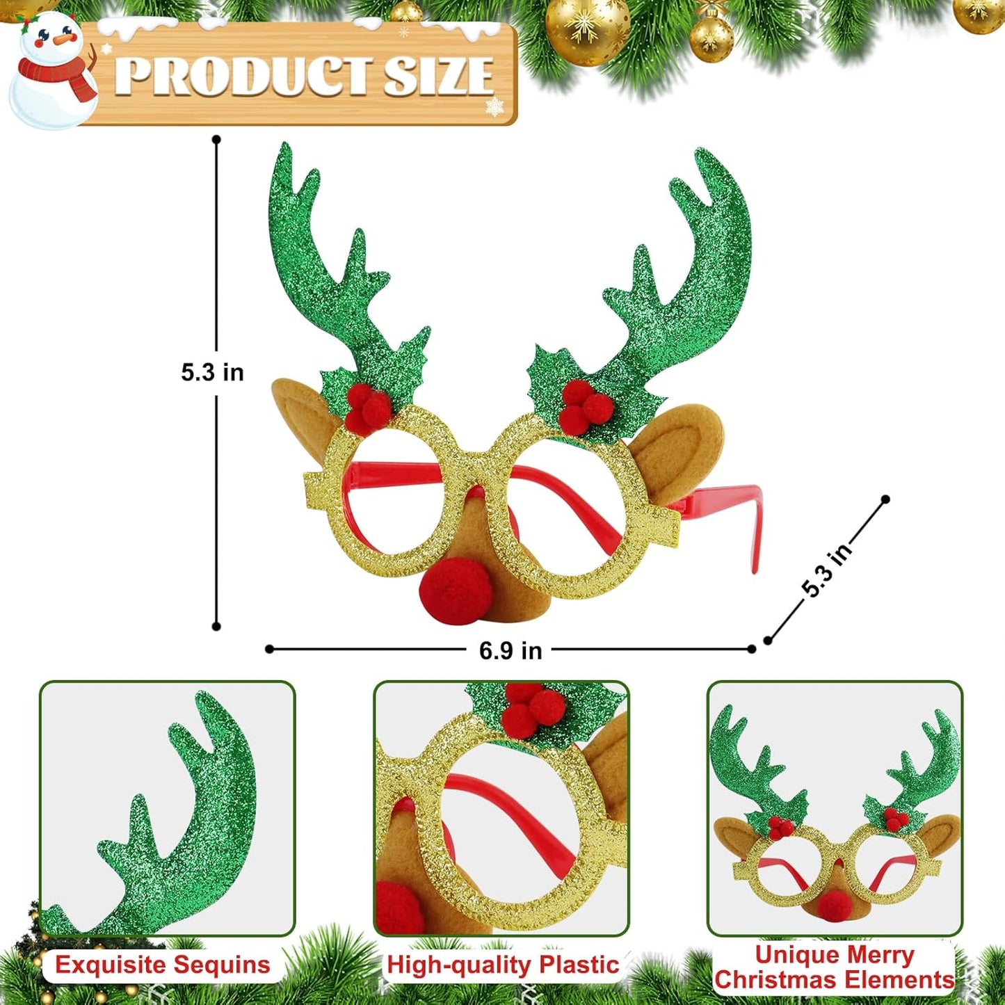 30Pcs Christmas Glasses for Kids & Adults, Festive Glitter Party Eyewear for Family Classroom Christmas Parties, Holiday Photo Booth Props Decorations Games Favors Accessories