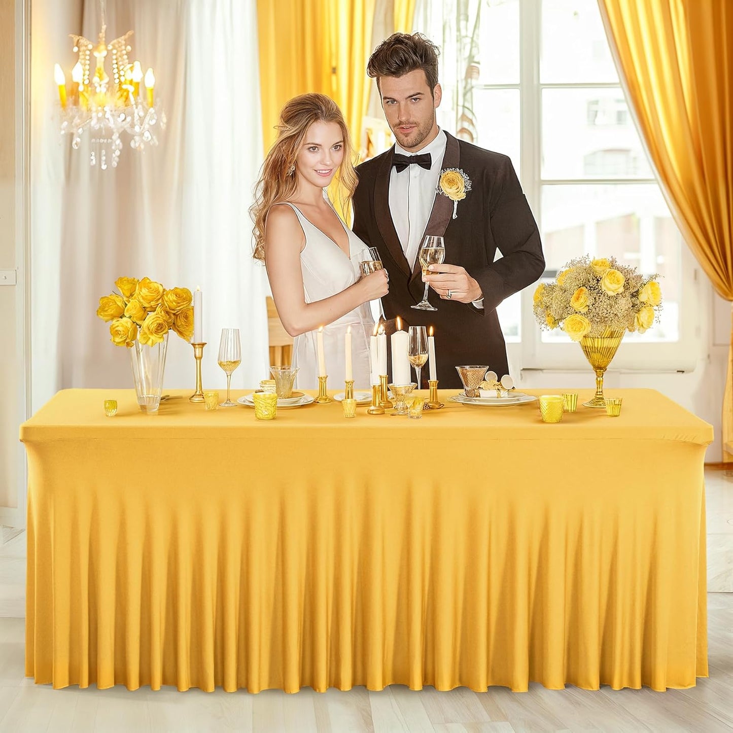 PARTISKY Golden Spandex Tablecloth for 6ft Rectangle Tables, Stretchable Table Cover Skirt for Folding Tables Weddings Parties Banquets Events Trade Shows and Dessert Table