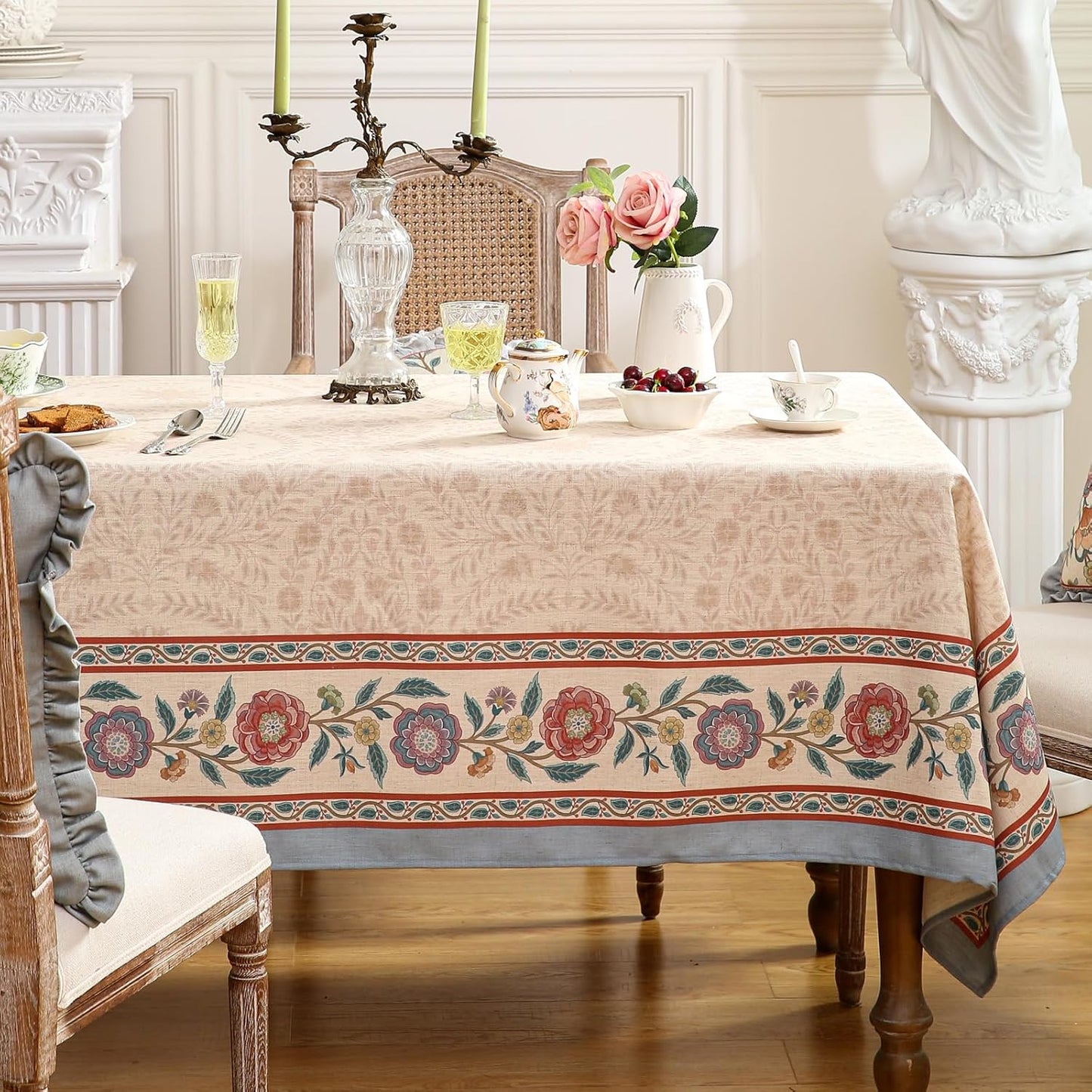 Beige Linen Long Rectangle Tablecloth,Vintage Indian Style Soft and Colorfast Floral Tablecloths,Decor Table Cover for Kitchen,Dining,Thanksgiving,Christmas,63"*94"-Flowershadow E