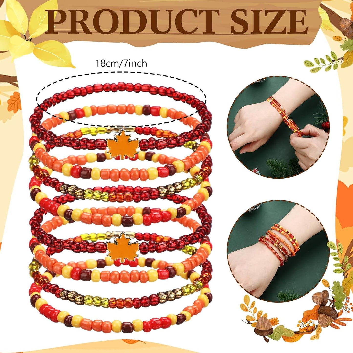 64 Pcs Thanksgiving Beaded Bracelets Fall Maple Leaf Beads Stretch Bracelet Thanksgiving Charm Bracelets Festive Jewelry Gifts for Women Men Accessories Party Favor Supplies