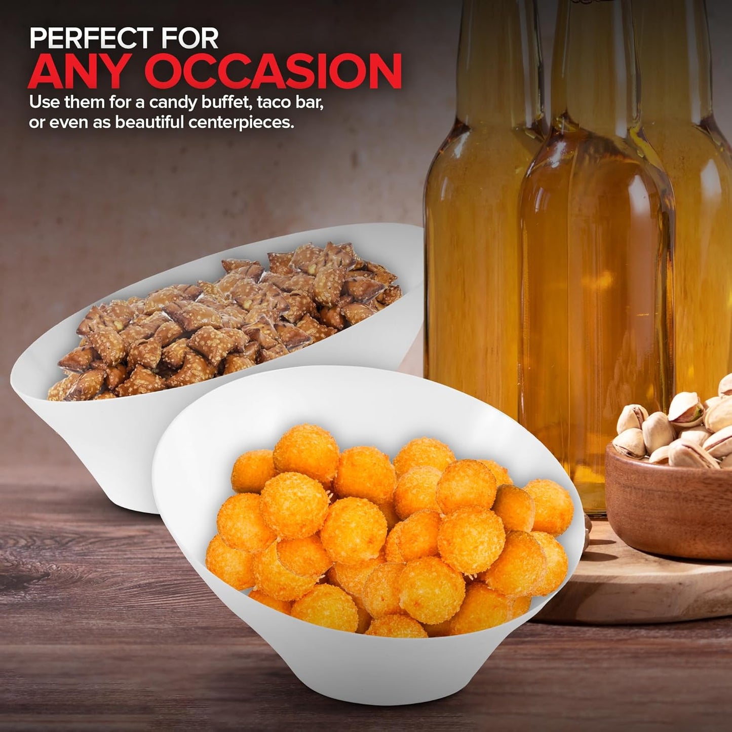 20oz White Plastic Serving Bowls (4 Pack) Medium Disposable Snack Bowl Candy Dishes, Buffet Containers for Chips, Popcorn, Snacks, Mints, Salad Bar, Parties, Office Desk, Bridal Shower, Party Supplies