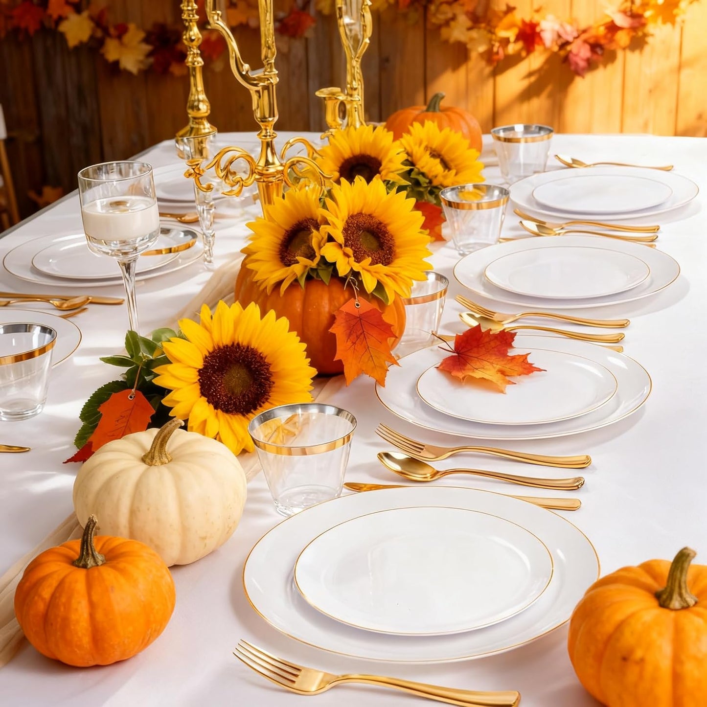 KIRE 175PCS Gold Plates Disposable - Heavy Duty White and Gold Plastic Plates Dinnerware Sets - 25 for Dinner 25 for Dessert 25 Pre Rolled Napkins and 25 Cups for Birthday/Thanksgiving Party/Wedding