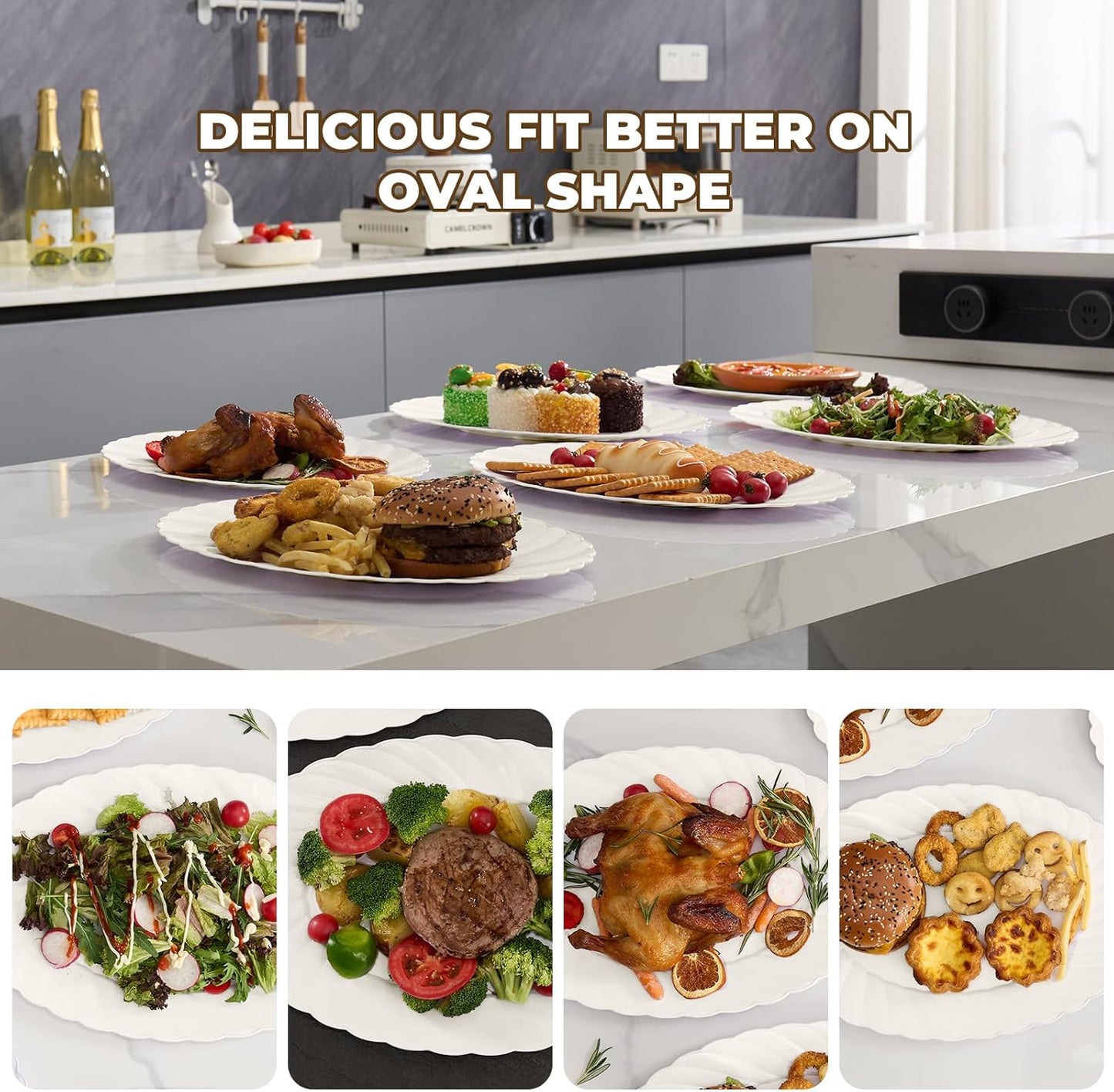 U-QE 25 Count Ivory Thanksgiving Plastic Plates - 15.6 inch Oval Plates Disposable Plates Heavy Duty For Big Eaters, Ivory Disposable Platters Ideal for Thanksgiving, Party, Picnic and Weddings