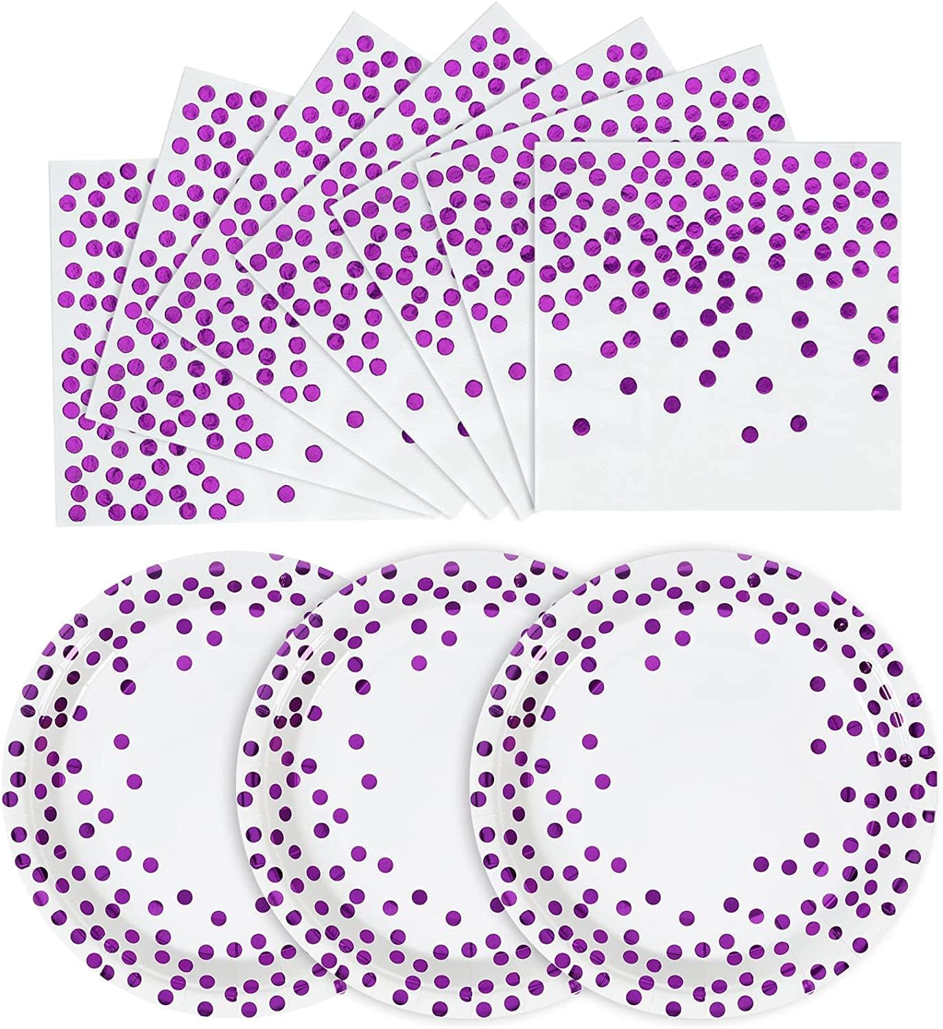 Purple and White Gold Paper Plates and Napkins 200Pack-100 x 7" Dessert plates & 100 x 6.5'' Napkins,Purple Paper Plates for Appetizers,Cakes and Salads,for Birthdays,Graduation,Carnival