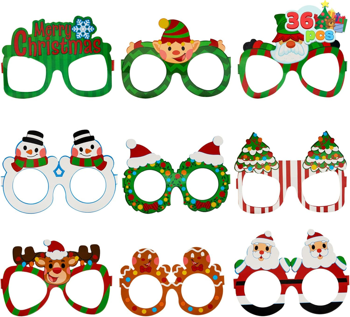 JOYIN 36 Pcs Christmas Paper Eyeglasses, Christmas Party Glasses, Frame Costume Eyeglasses Assorted Designs for Adults and Children for Christmas Party Supplies Photo Booth and Party Favors