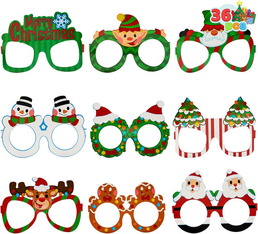JOYIN 36 Pcs Christmas Paper Eyeglasses, Christmas Party Glasses, Frame Costume Eyeglasses Assorted Designs for Adults and Children for Christmas Party Supplies Photo Booth and Party Favors